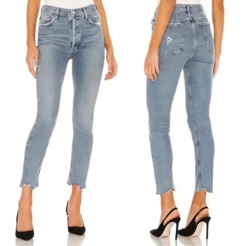 AGOLDE Nico High Rise Light Wash Frayed Raw Hem Slim Ankle Jeans, Size 27